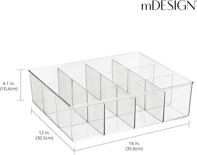 mDesign Plastic 12 Compartment Divided Drawer and Closet Storage Bin - Organizer for Scarves, Socks, Ties Bras, and Underwear - Dress Drawer Organizer, Shelf Organization - Clear