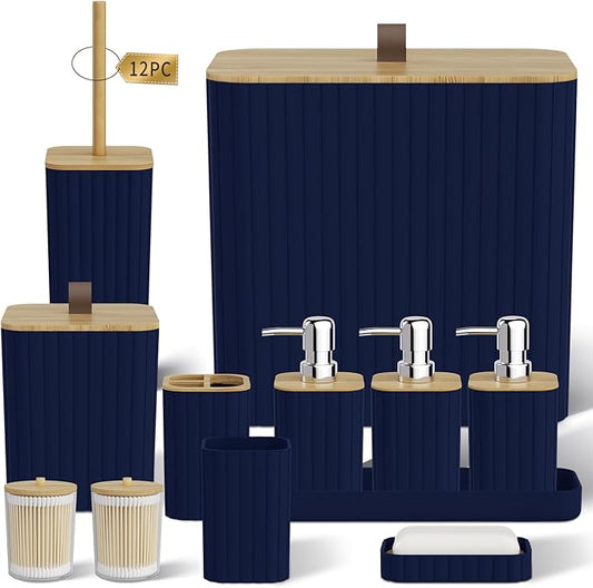 Bathroom Accessory Set - Navy Blue Bathroom Set, 12PC Bathroom Accessories Set, Blue Bathroom Accessories Set, Mini Trash Can, Toilet Brush, Trash Can & Soap Dispenser