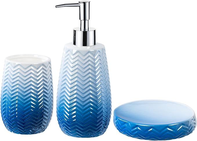 Blue Bathroom Accessories Set, 3 Pcs Ceramic Bathroom Decor Contain Toothbrush Holder,Soap Dispenser, and Soap Dish.