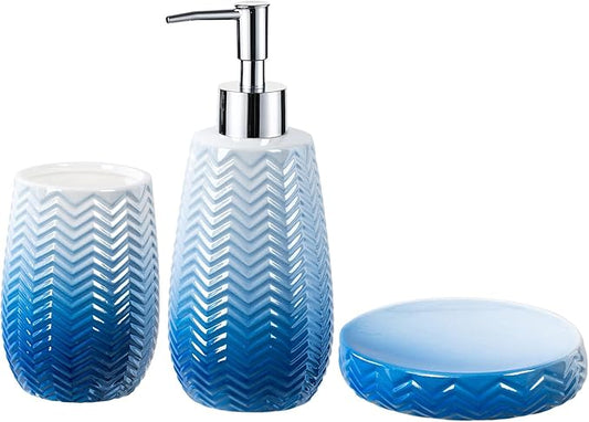 Blue Bathroom Accessories Set, 3 Pcs Ceramic Bathroom Decor Contain Toothbrush Holder,Soap Dispenser, and Soap Dish.