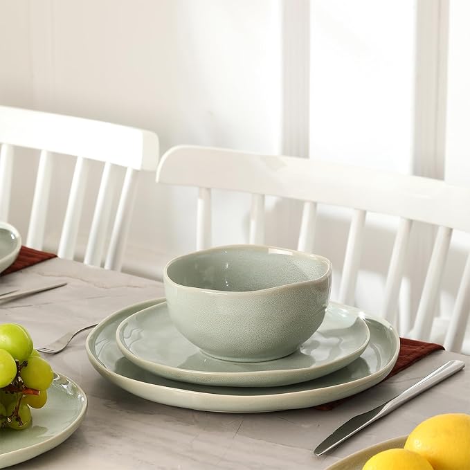Stone Lain Mirella 12-Piece Stoneware Dinnerware Set, Service for 4 – Reactive Glaze, Light Green – Includes Dinner Plates, Salad Plates, and Bowls – Organic Modern Design