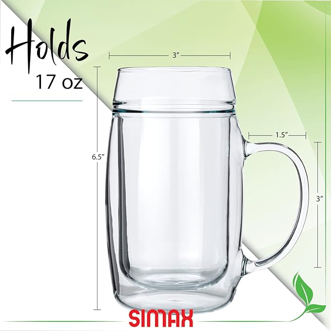 SIMAX Beer Mugs For Men, 17 Oz Double Walled Glass Beer Mug, Freezable Beer Glasses, Beer Mugs & Steins, Beer Mugs with Handles, Insulated Beer Glasses for Men, Frozen Beer Mugs for Freezer