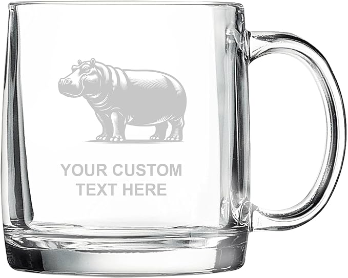 Hippopotamus, Personalized 12.5 oz Polar Camel Glass Coffee Desk Mug – Custom Laser Engraved Clear Cup for Tea, Espresso, Latte, Whiskey - Microwave Safe/Made in USA
