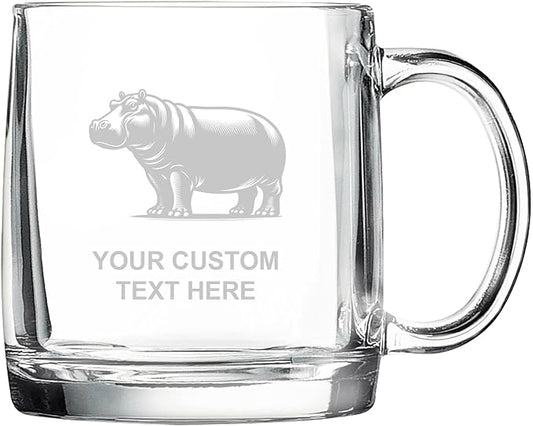 Hippopotamus, Personalized 12.5 oz Polar Camel Glass Coffee Desk Mug – Custom Laser Engraved Clear Cup for Tea, Espresso, Latte, Whiskey - Microwave Safe/Made in USA