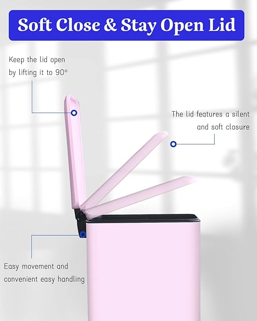 Bathroom Trash Can with Lid, 1.3 Gallon Trash Can with Removable Inner Bucket, Stainless Steel Garbage Can, Soft Close, Slim Pedal Trash Bin for Small Place, 5 Liters, Pink