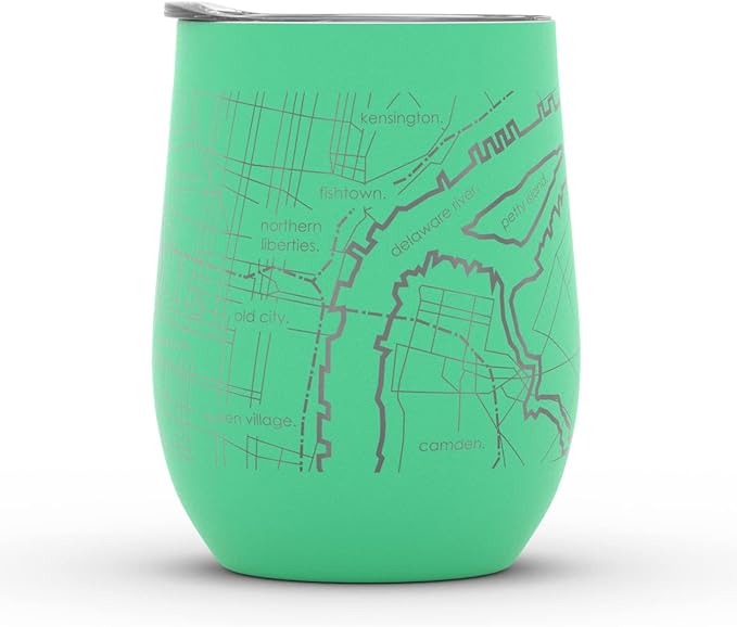 Well Told Engraved Philadelphia Pennsylvania Map Insulated Wine Tumbler, Etched Stainless Steel Cup (12 oz, Sunday Green) City Map Insulated Tumbler, Custom Insulated Tumbler, Outdoor Drinkware