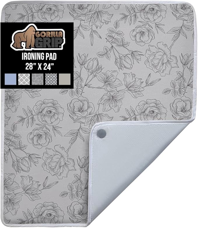 GORILLA GRIP Ironing Mat, Portable Iron Pad, Magnetic Cover for Top of Laundry Washer, Dryer, Table Top, Countertop Blanket, Silicone Coating and Scorch Resistant, Travel Size 28x24, Gray Floral