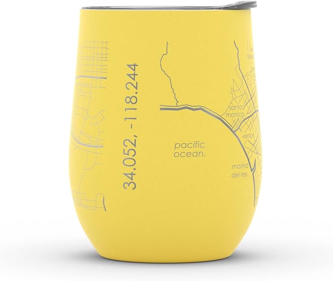 Well Told Engraved Los Angeles California Map Insulated Wine Tumbler, Etched Stainless Steel Cup (12 oz, Sunrise Yellow) City Map Insulated Tumbler, Custom Insulated Tumbler, Outdoor Drinkware