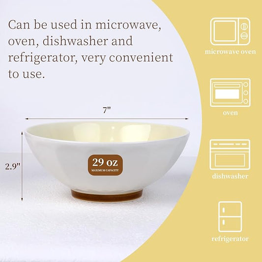 Large Pasta Bowls Set of 6, 29 oz Yellow Porcelain 7 inch, Microwave Oven Dishwasher Safe for Salad Soup
