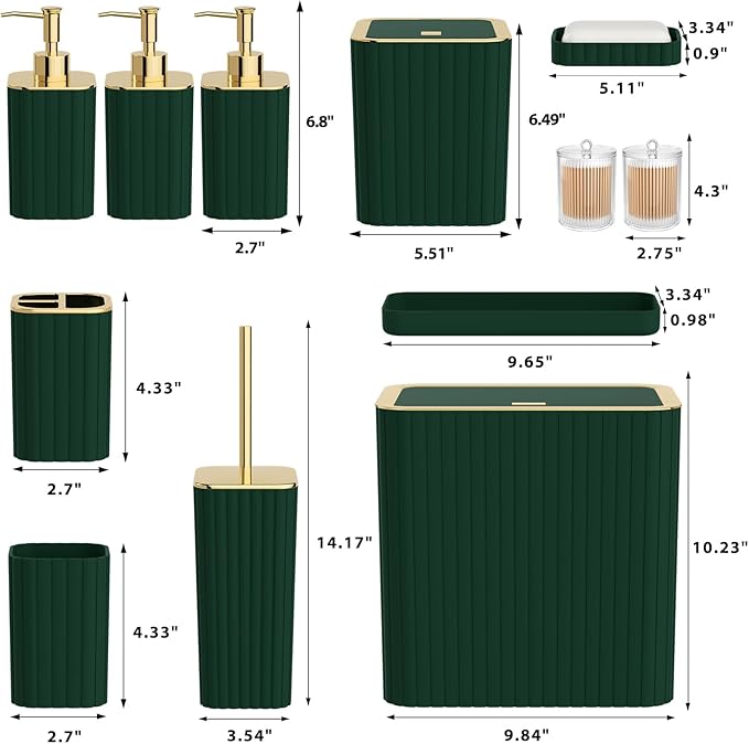 Bathroom Accessory Set - Bathroom Set, 12PC Bathroom Accessories Set, Dark Green Bathroom Accessories Set, Mini Trash Can, Toilet Brush, Trash Can & Soap Dispenser