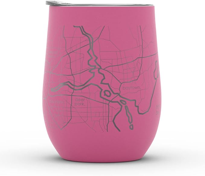 Well Told Engraved Houston Texas Map Insulated Wine Tumbler, Etched Stainless Steel Cup (12 oz, Sunset Pink) City Map Insulated Tumbler, Custom Insulated Tumbler, Outdoor Drinkware