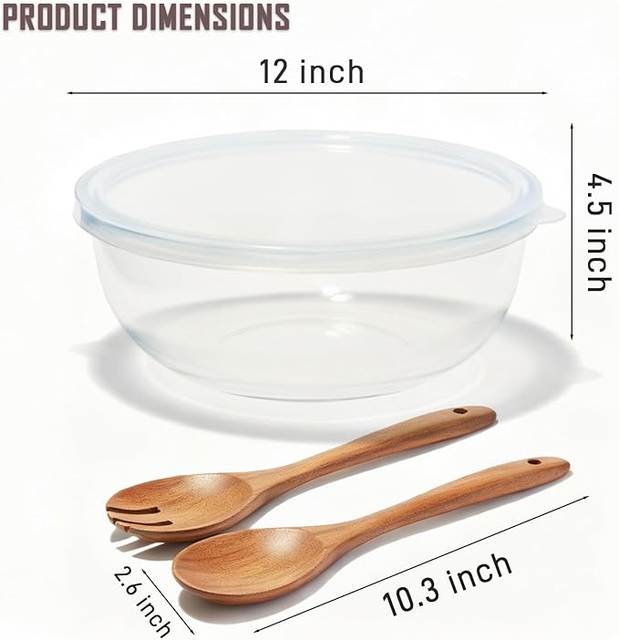 6.2Quart Large Glass Bowl for Sourdough Bread Making with Lid,Thickened 12Inch Clear Glass Salad Cooking Bowls for Kitchen Salad Bread Storage, For Prepping, Marinating & Brining Kimch