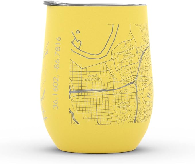 Well Told Engraved Nashville Tennessee Map Insulated Wine Tumbler, Etched Stainless Steel Cup (12 oz, Sunrise Yellow) City Map Insulated Tumbler, Custom Insulated Tumbler, Outdoor Drinkware