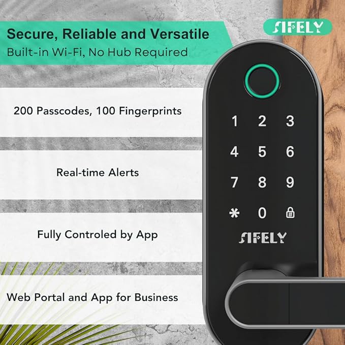 Built-in WiFi Fingerprint Smart Door Lock with Handle & Keypad – Remote Access & Auto-Lock, Keyless Entry for Home, Airbnb & Rental, 6-in-1 Unlock: Code/Card/App/Key, Works with Alexa & Google