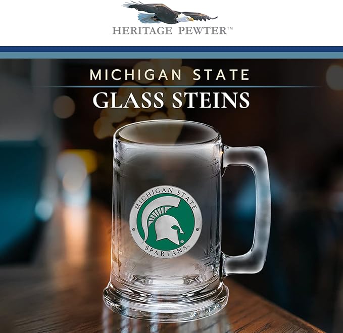 Heritage Pewter Michigan State Beer Stein Glass | 15 Ounce German-Style Beer Glass | Intricately Crafted Metal Pewter Alma Mater Inlay