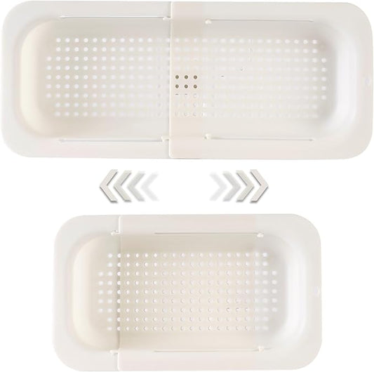 Extendable Sink Colander Strainer Basket - Wash Vegetables and Fruits, Drain Cooked Pasta and Dry Dishes - Adjustable Over the Sink Colander Collapsible Drainer Basket - White
