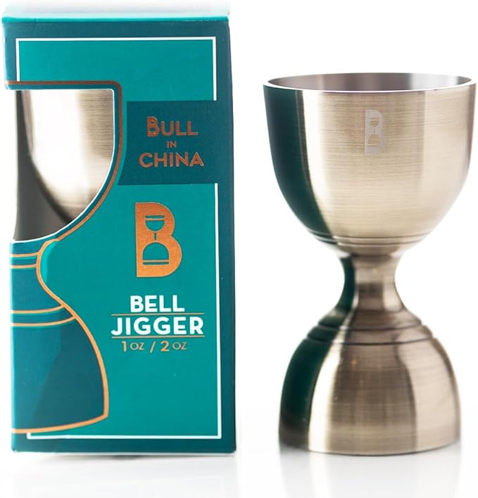 Double Bell Jigger by Bull In China - 0.25oz to 2oz Measures for Cocktails, Bars & Bartenders (Antique Brass)
