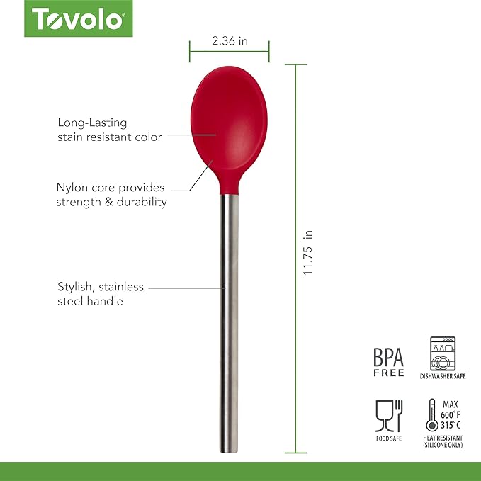 Tovolo Mixing Spoon Stainless Steel Handle Scratch Resistant Non Stick Safe Kitchen Utensil for Cooking Baking Serving Stirring, Heat Resistant Silicone Stirring Spoon with Metal Handle Cayenne Red