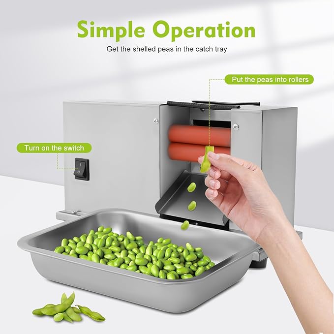 Semi-Automatic Bean Sheller Machine – 22 lbs/Hour Stainless Steel Pea Sheller with Adjustable Roller, Electric Bean Peeler for Home, Restaurants, Farmers Market (w/Tray & Spare Parts)