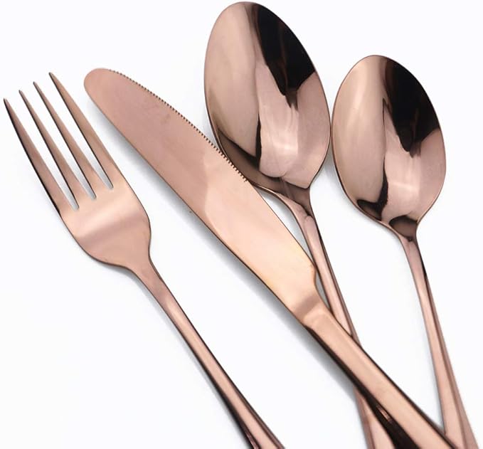 Gugrida Rose Gold Reusable Utensils with Case, Healthy & Eco-Friendly 8 Pieces Portable Stainless Steel Flatware Tableware Dinnerware Set, Portable Travel Camping Cutlery Knife Fork Spoon Straws Set