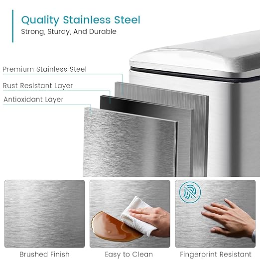 12 Gallon Trash Can, Stainless Steel Kitchen Garbage Can with Removal Inner Bucket, Soft Close Lid, Step on Trash Can for Home and Office, 45 Liter Capacity, Silver