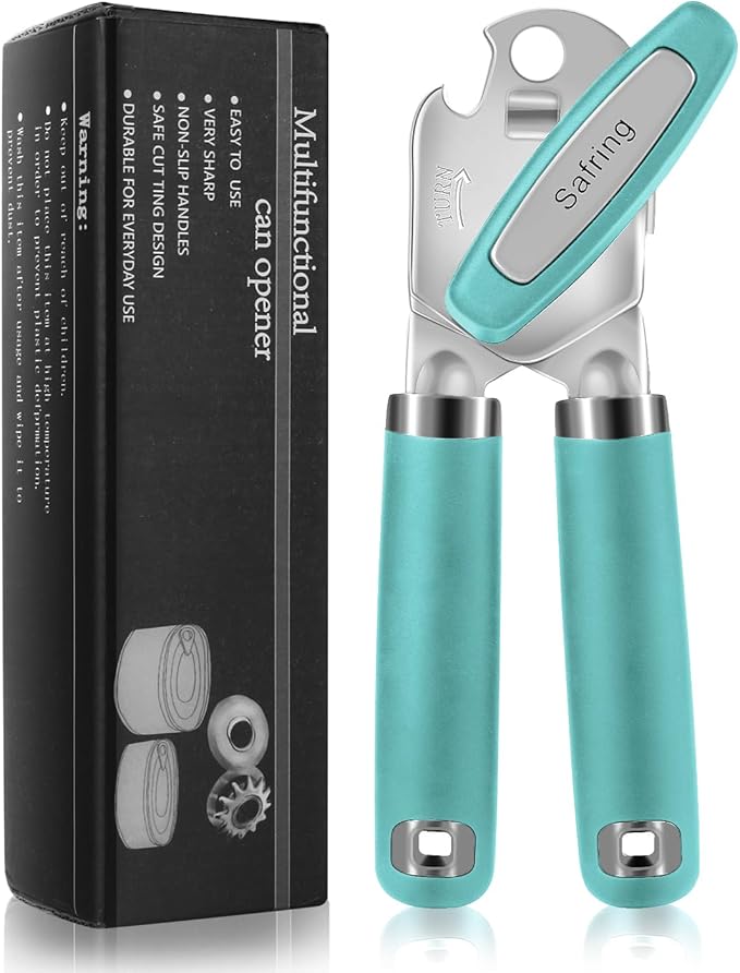 Can Opener Manual, Heavy Duty Handheld Strong Can Opener with Soft Touch Handle, Sharp Blade Smooth Edge, Can Openers with Multifunctional Bottle Opener, Aqua Sky