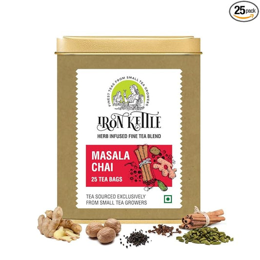 Iron Kettle Masala Chai | Premium Assam CTC tea bag blended with natural spices for strong & spicy sweet flavor | Sourced exclusively from small tea growers with higher fine leaf count | 25 Tea bags