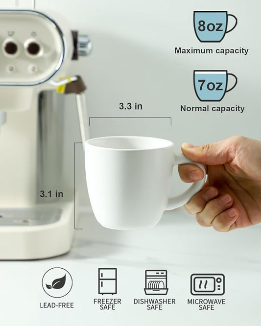 HASENSE 7 Ounce Cappuccino Cups Set of 4 Perfect for Latte, Americano, Cafe Mocha and Tea, Ceramic Coffee Cups Ideal for Party Cafe Home and Kitchen, Microwave and Dishwasher safe, White