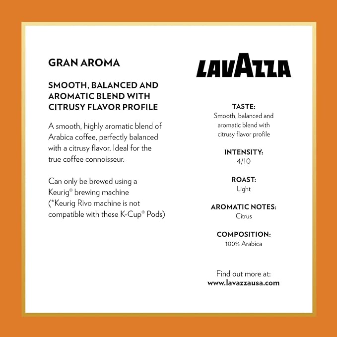 Lavazza Gran Aroma Single-Serve Coffee K-Cup® Pods for Keurig® Brewer, 32 Count (Pack of 4) Balanced light roast with floral aroma and notes of citrus, 100% Arabica