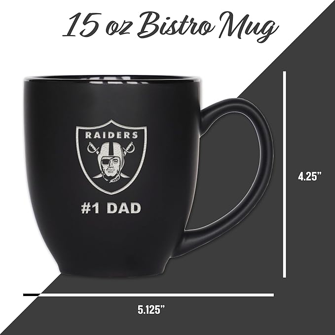 Rico Industries NFL Football #1 Dad 15oz Laser Engraved Matte Black Ceramic Bistro Mug - for Hot or Cold Drinks