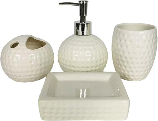 Bathroom Sink Set, 4Pcs White Bathroom Accessories Set Engraved Soap Dispenser with Toothbrush Holder & Tumbler & Soap Dish Ceramic Accessories for Home Hotel