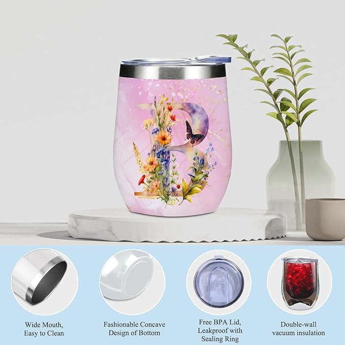Personalized Gifts Monogrammed Birthday Gifts for Women, Sister Cowerker Mom Boss Day Christmas Appreciation Initial Wine Tumbler Makeup Bag Scented Candle Bracelet Set, (Aesthetic Pink Flower B)