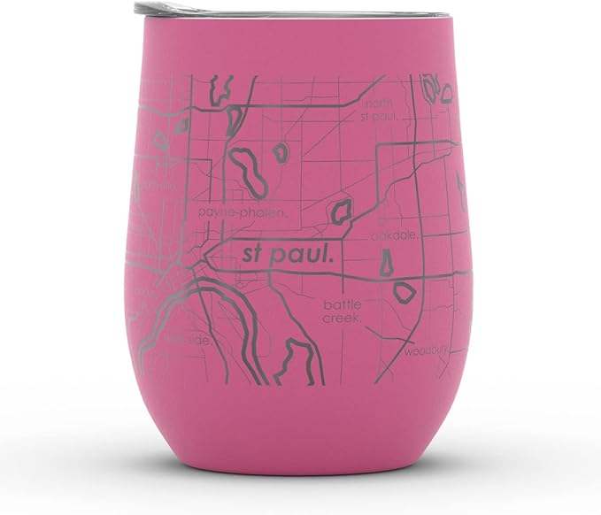 Well Told Engraved Minneapolis Minnesota Map Insulated Wine Tumbler, Etched Stainless Steel Cup (12 oz, Sunset Pink) City Map Insulated Tumbler, Custom Insulated Tumbler, Outdoor Drinkware