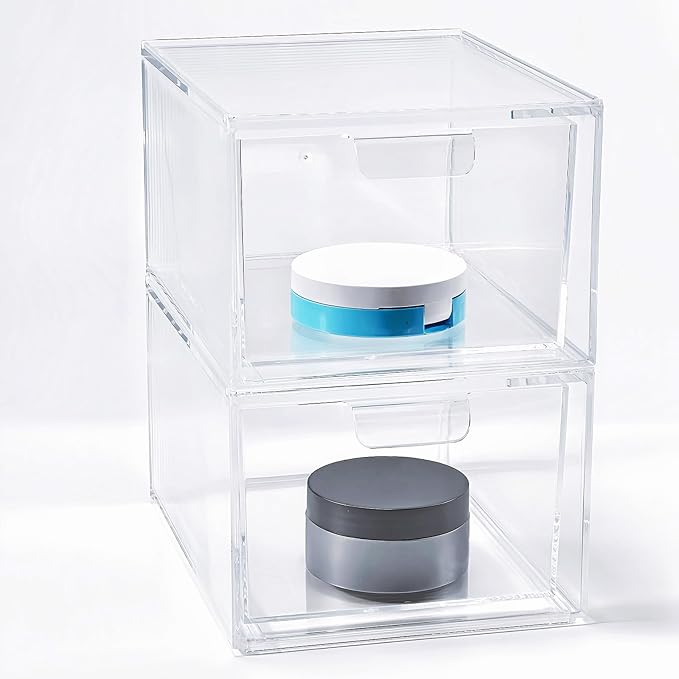 2 Pack Clear Stackable Makeup Organizer, Acrylic Bathroom Storage Drawers with Handles for Vanity, Kitchen Cabinets, Undersink, Pantry, Home Organization and Storage