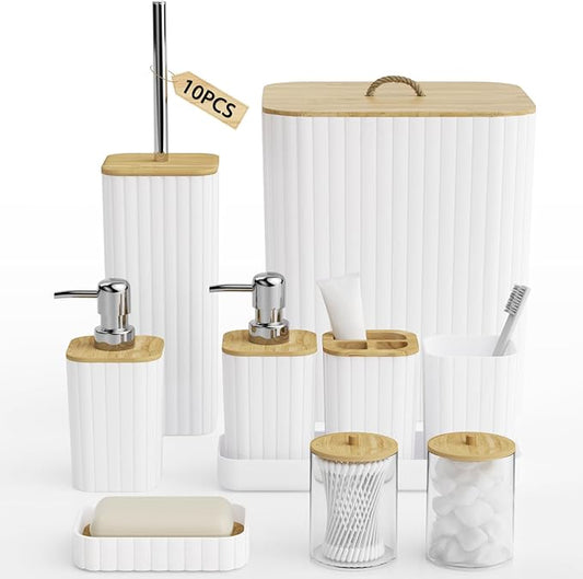 Bathroom Accessories Set - 10PC Bathroom Set, White Bathroom Set, Bathroom Accessories Set, Toilet Brush, Bathroom Trash Can & Soap Dispenser
