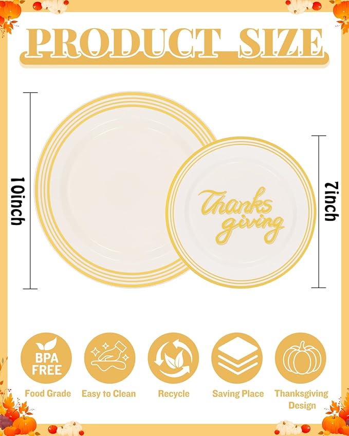 Supernal 60pcsThanksgiving Plastic Plates Disposable Heavy duty,Fancy Disposable Plates,Ivory Plastic Plates with Gold Trim Include 30 Dessert&Dinner Plato for Fall,Party and thanksgiving dinner