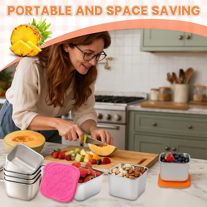 8 Pack Stainless Steel Small Storage Containers with Silicone Lids, 6oz Reusable Mini Portion Cups, Leak-Resistant Metal Containers for Snacks, Sauce, Meal Prep & On-the-Go