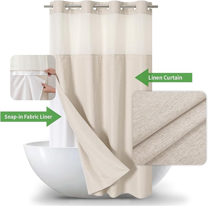 Stall No Hooks Needed Linen Textured Shower Curtain with Snap-in Fabric Liner Set,Hotel Luxury Decor Shower Curtains for Bathroom,Waterproof & Washable,54Wx80H,Cream