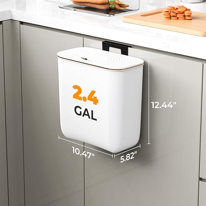 2.4 Gallon Hanging Trash Can - Small Under Sink Trash Can with Lid, Wall Mounted Compost Bin for Kitchen Cupboard Countertop, Odor-Control, Extended Clamping Ring, PET Material, White