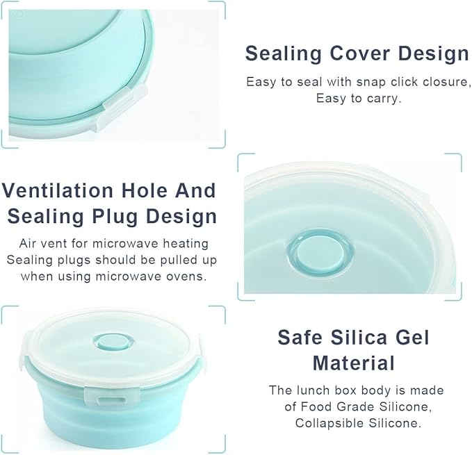 Collapsible Bowls For Camping, Set of 4 Silicone Food Storage Containers with Lids, Rv storage and organization, Rv Kitchen Accessories, BPA Free, Microwavable, Freezer, Dishwasher Safe (Round-Blue)