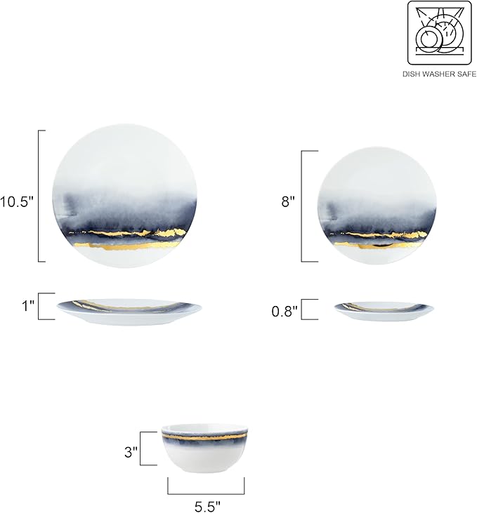 Joseph Sedgh Collection “Lazuli” 12-Piece Porcelain Dinnerware Set, Service for 4, Blue and Gold