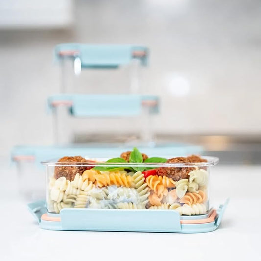 LocknLock LBF405RS7M Bisfree Modular Plus Food Storage Containers for Lunch, Meal Prep, Stackable, BPA-Free, Leakproof, Microwave, Dishwasher, Freezer-Safe, 14 Pieces, 7 Boxes and 7 Lids, Mint, 1.5L