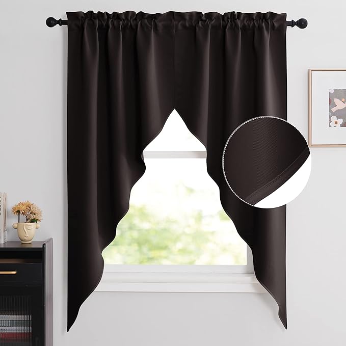NICETOWN Blackout Pole Pocket Kitchen Tier Curtains, Tailored Scalloped Valance/Swags for Bedroom/Thanksgiving (2 Pieces, W36 X L63 inches Each Panel, Brown)