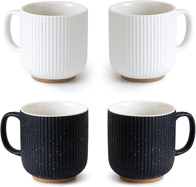 Black and White Ceramic Coffee Mugs Set of 4 (12 oz) Large Ceramic Coffee Cups Set Ribbed Coffee Mugs Set, Big Mugs Set with Handle Suitable for Latte, Cappuccino, Milk, Cocoa, Tea, Juice