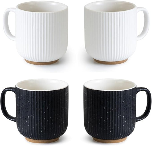 Black and White Ceramic Coffee Mugs Set of 4 (12 oz) Large Ceramic Coffee Cups Set Ribbed Coffee Mugs Set, Big Mugs Set with Handle Suitable for Latte, Cappuccino, Milk, Cocoa, Tea, Juice