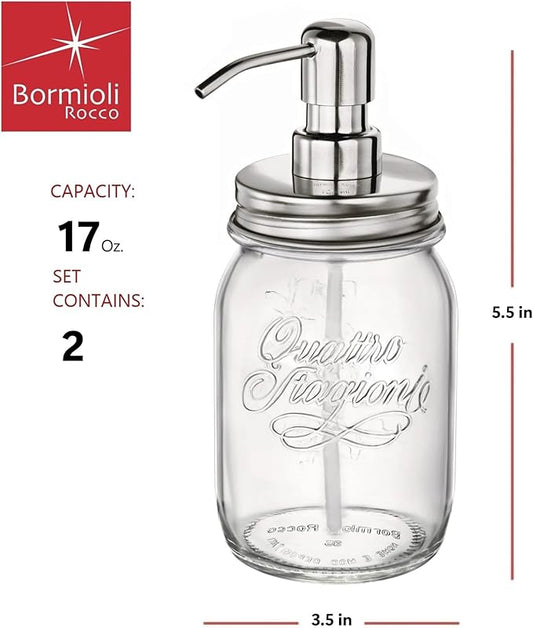 Bormioli Rocco I Genietti Soap Dispenser, Set of 2 - Quattro Stagioni Glass Bottles with 17 Oz Capacity, Reusable Pump Jars with Stainless Steel Multi-Function Tops - Bathroom or Kitchen Use