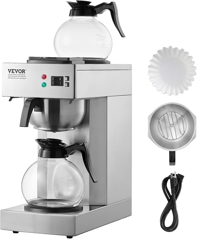 VEVOR 12 Cups Commercial Drip Coffee Maker, Coffee Maker Machine with 2 Glass Carafes and 2 Warmer Plates, Stainless Steel Pour Over Coffee Brewer for Restaurant, Office, Cafe