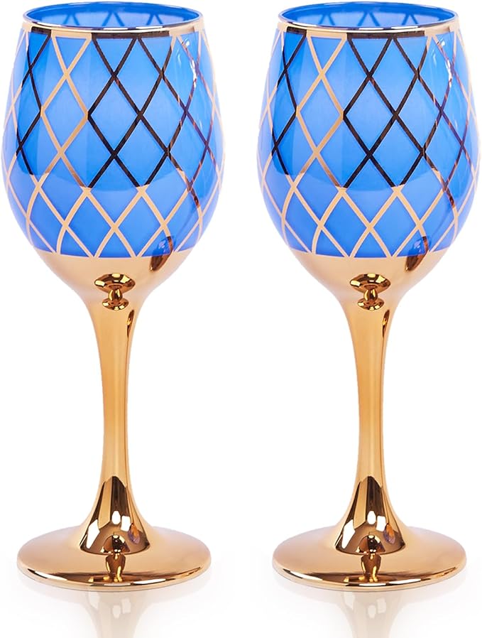 Blue and Gold Gold Wine Glasses Set of 2, Colored Long Stemmed and Rimmed Decorative Fancy Crystal Glassware, Cobalt Goblets for Gifts, Wedding, Festival, Birthday, Thanksgiving, 12oz