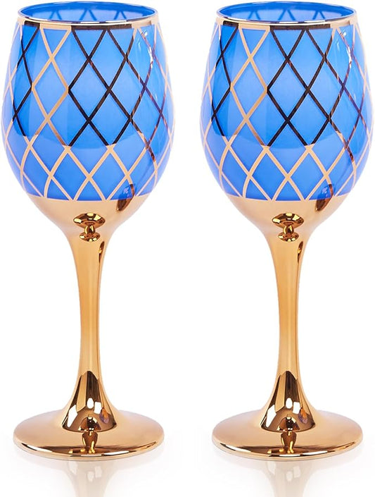 Blue and Gold Gold Wine Glasses Set of 2, Colored Long Stemmed and Rimmed Decorative Fancy Crystal Glassware, Cobalt Goblets for Gifts, Wedding, Festival, Birthday, Thanksgiving, 12oz