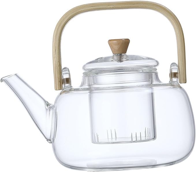 Glass Teapot,1000ml Large Capacity Multifunctional Borosilicate Teapot with Bamboo HandleTeapot with Removable Loose Tea Infuser,Glass Tea Pot Gas & Electric Stovetop Safe.（No heater included）